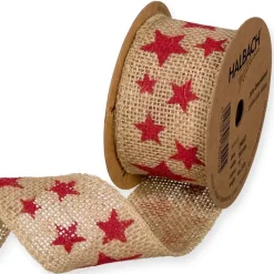 Cinta de Yute Estampada Estrellas Rojas 50mm Telas, Sedas Y Fieltro