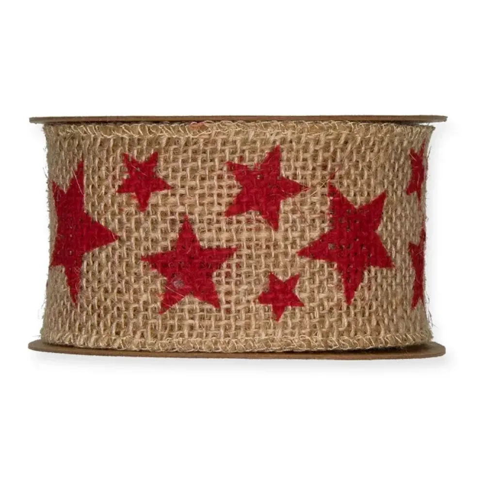 Cinta de Yute Estampada Estrellas Rojas 50mm Telas, Sedas Y Fieltro