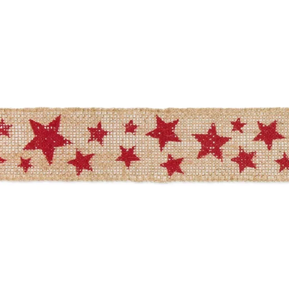 Cinta de Yute Estampada Estrellas Rojas 50mm Telas, Sedas Y Fieltro