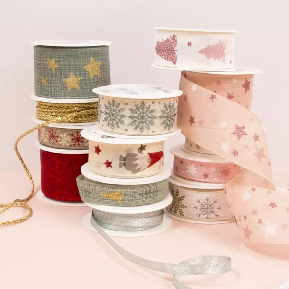 Cinta Estampada Estrellas Doradas 40mm Navidad
