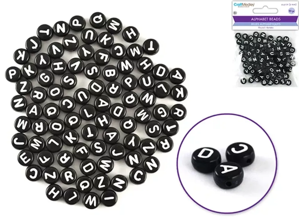 Clearance Cuentas Redondas Negras con Abecedario en Blanco 7mm Bisutería