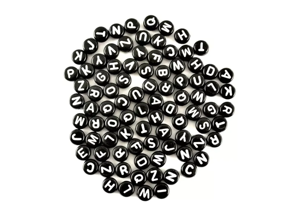 Clearance Cuentas Redondas Negras con Abecedario en Blanco 7mm Bisutería