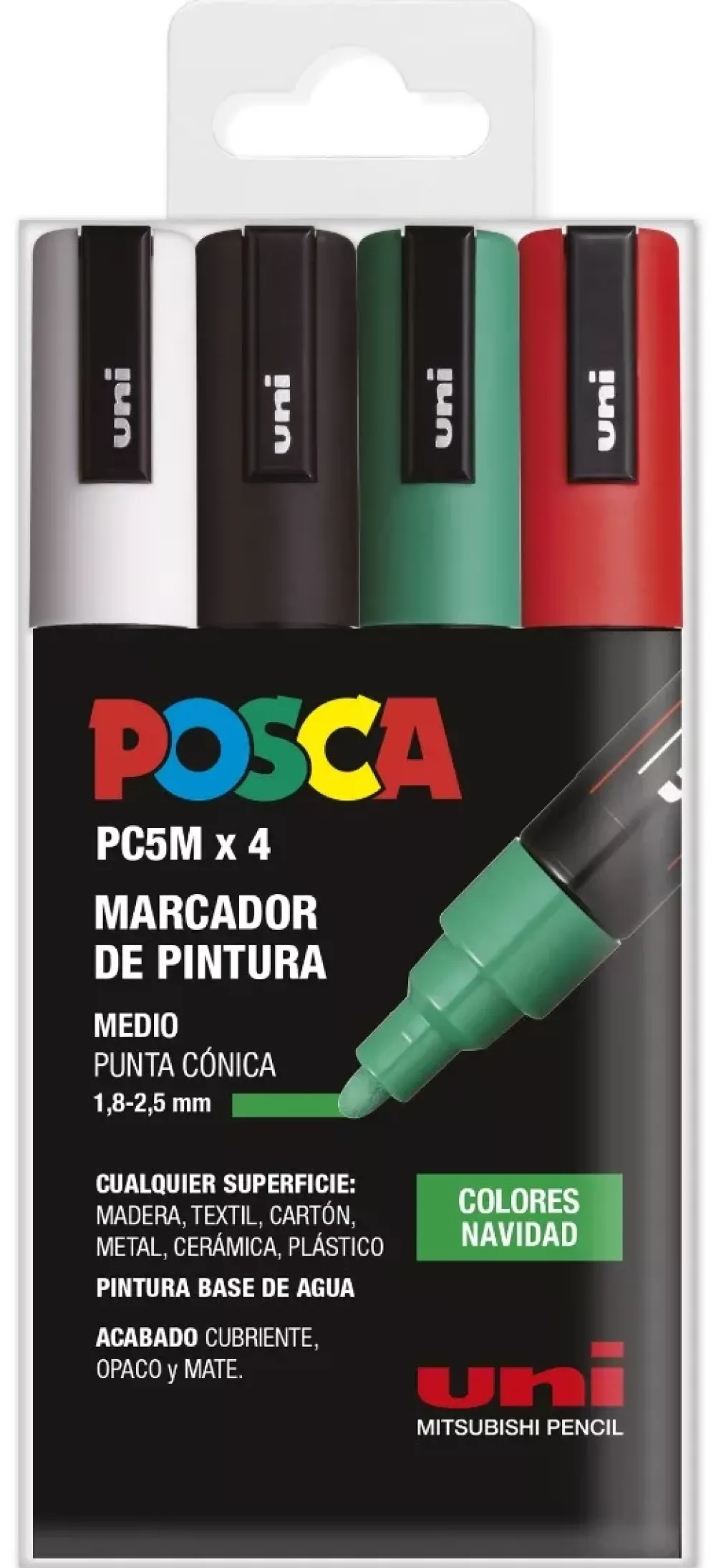 New Estuche 4 Rotuladores PC5M Medio Punta Cónica Navidad Uni Rotuladores