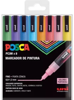 New Estuche 8 rotuladores PC3M Fino Purpurina Uni Rotuladores