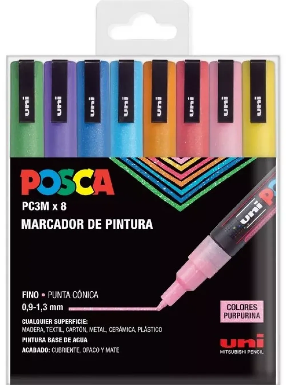 New Estuche 8 rotuladores PC3M Fino Purpurina Uni Rotuladores