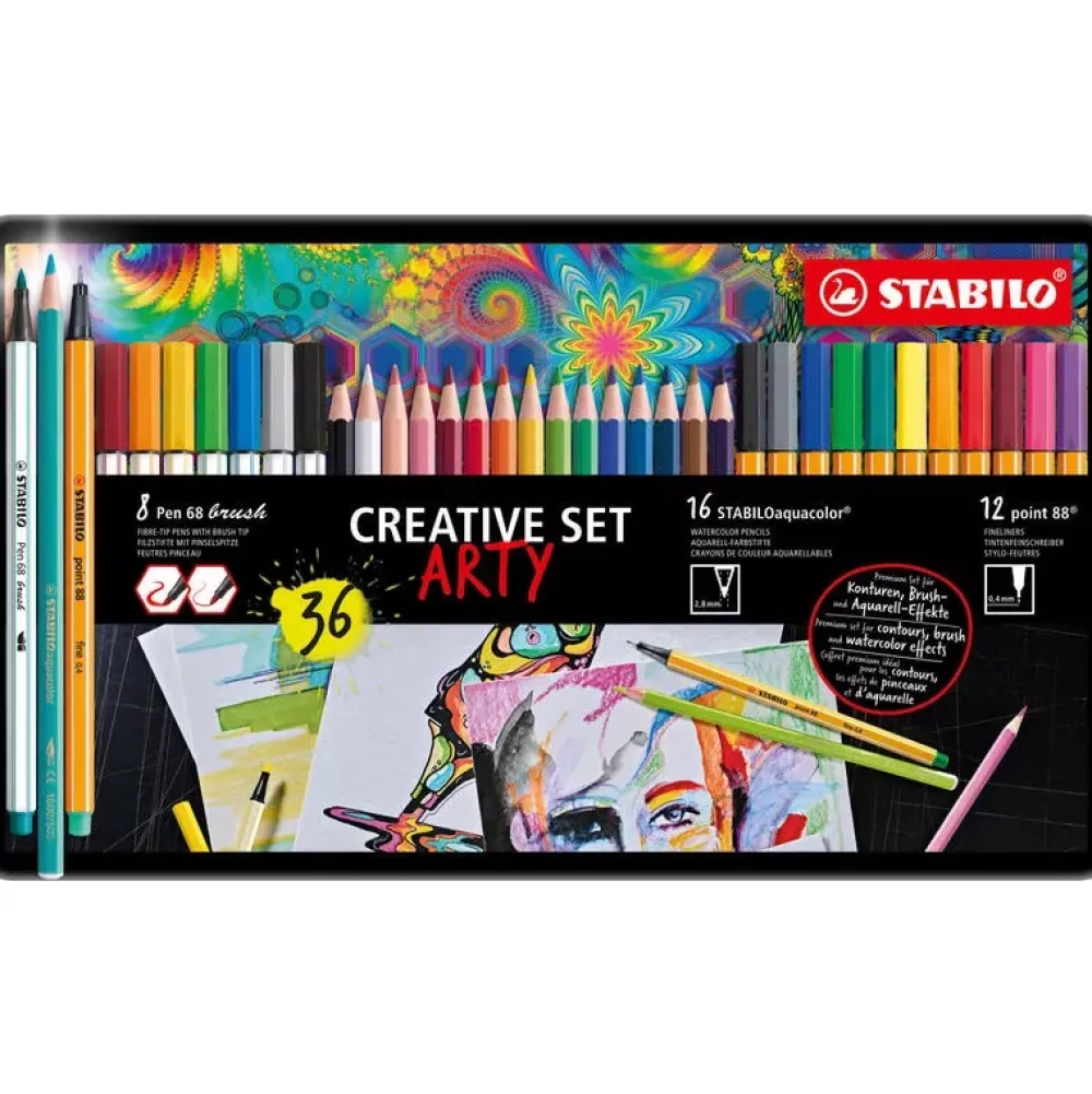 Discount Estuche de Metal Arty 36 Rotuladores Pen 68, Point 88 y Aquacolor Creative Set Rotuladores
