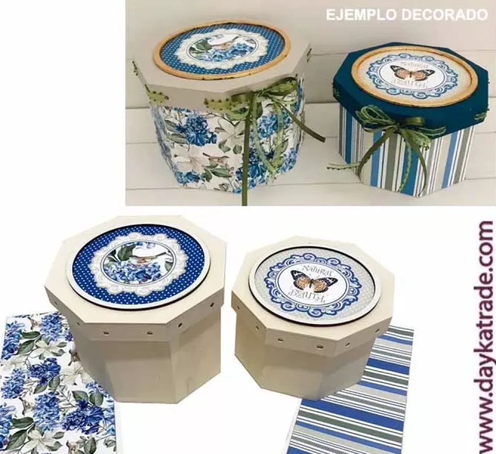 Kit 2 Cajas Octogonales Lazos Flores Azules Maderas|Organización