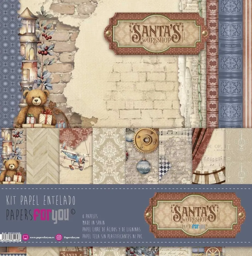 Hot Kit 8 papeles de tela Santa's Workshop 30x30cm Navidad