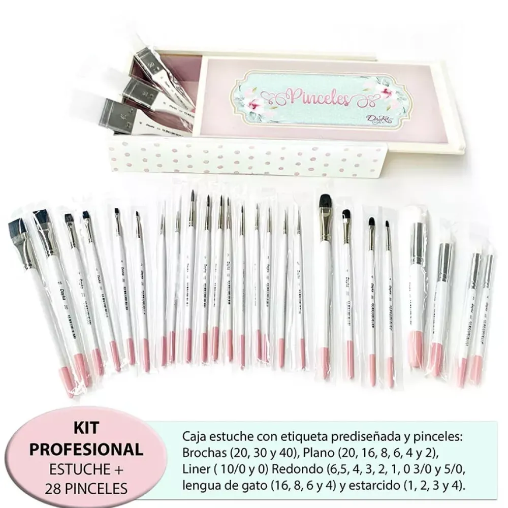 Outlet Kit Profesional de 28 Pinceles + Estuche de Madera + Etiqueta Prediseñada Dayka Pinceles Y Brochas