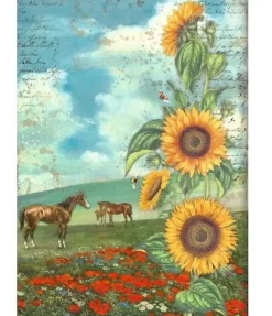 Best Papel de arroz Horses Sunflower Art 21x29,7cm Decoupage