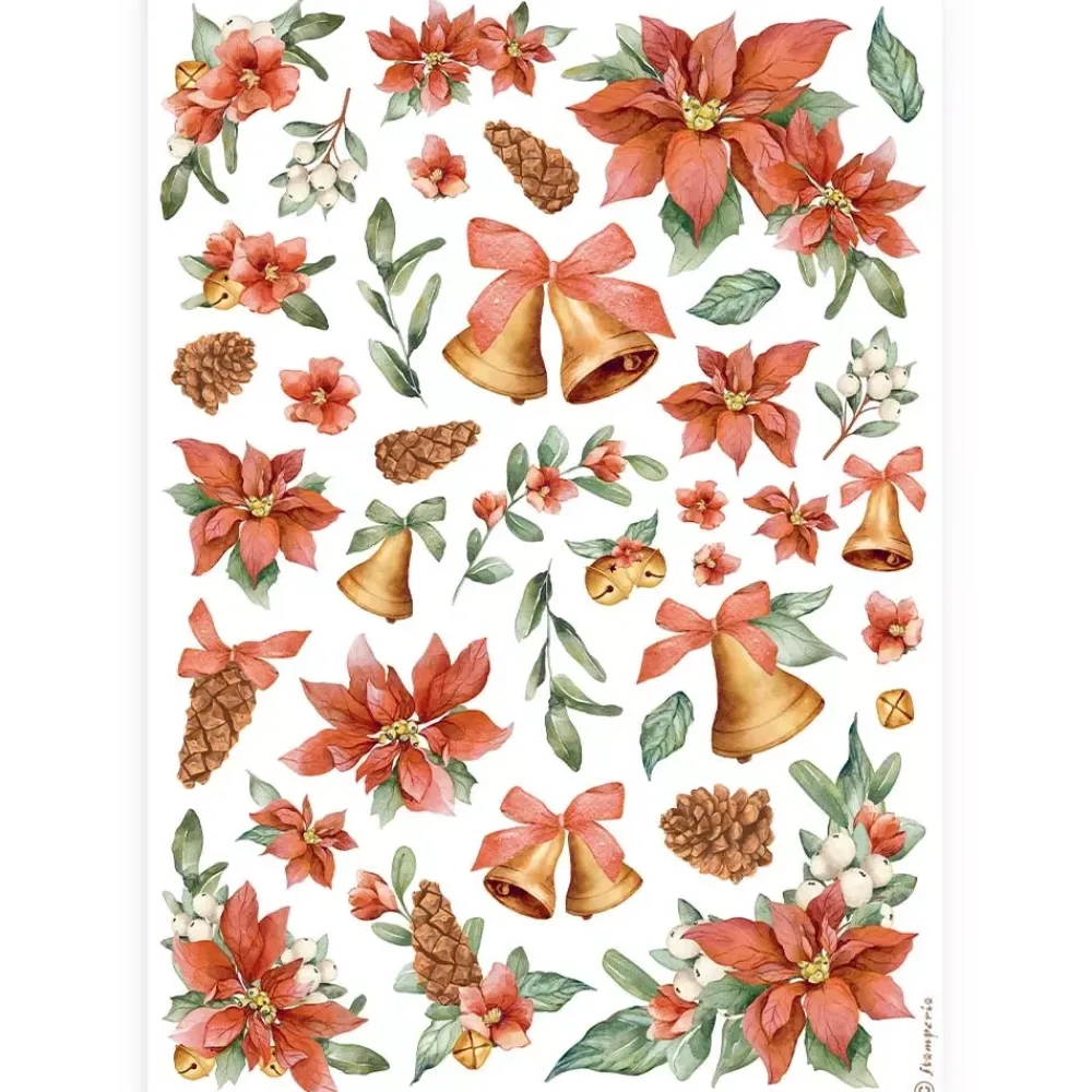 Papel de arroz Poinsettias y Campanas All You Need For Christmas 21x30cm Decoupage|Papeles