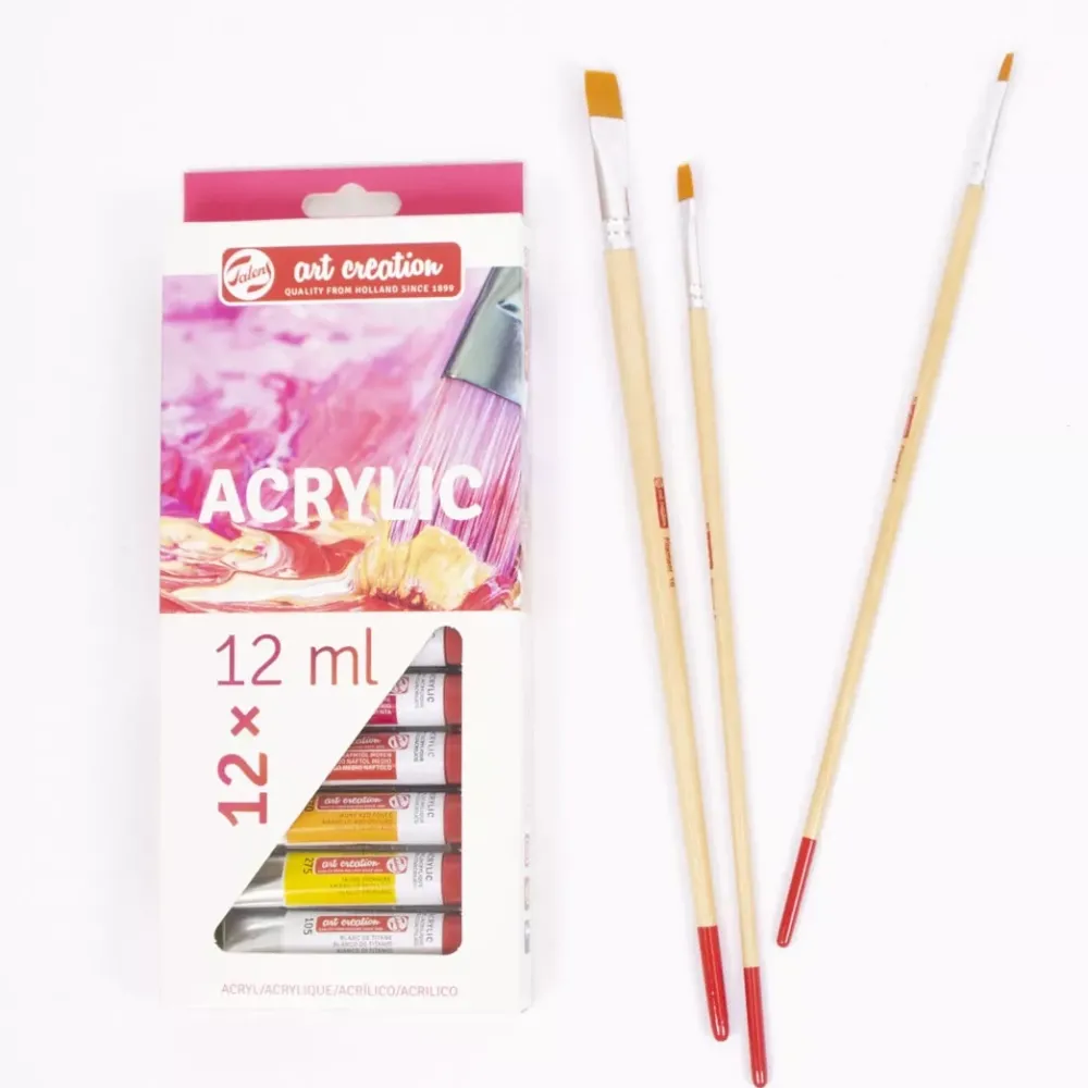 Sale Set 12 Acrílicos + 3 Pínceles + Bloc + Paso a Paso Talens Pinturas Acrílicas