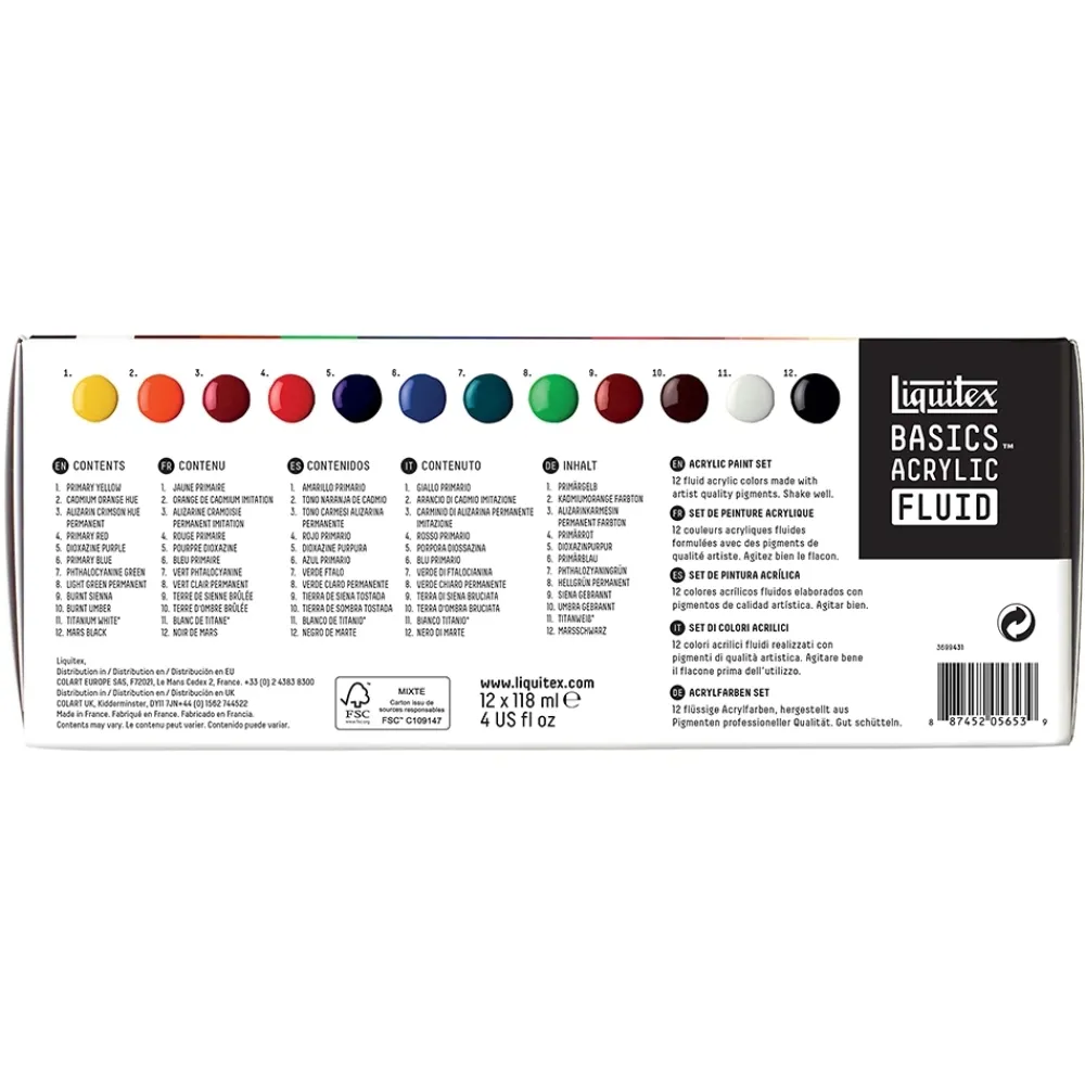 Outlet Set 12 acrílicos Fluid Basics 118ml Pinturas Acrílicas