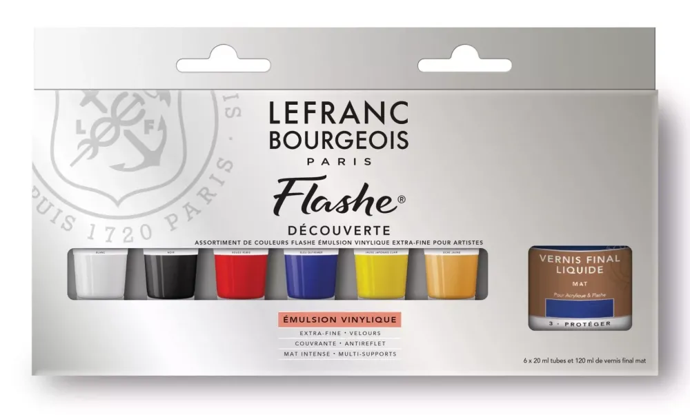 Hot Set Iniciación Flashe 6 Tubos Acrlilico + Barniz Lefranc & Bourgeois 20ml Pinturas Acrílicas