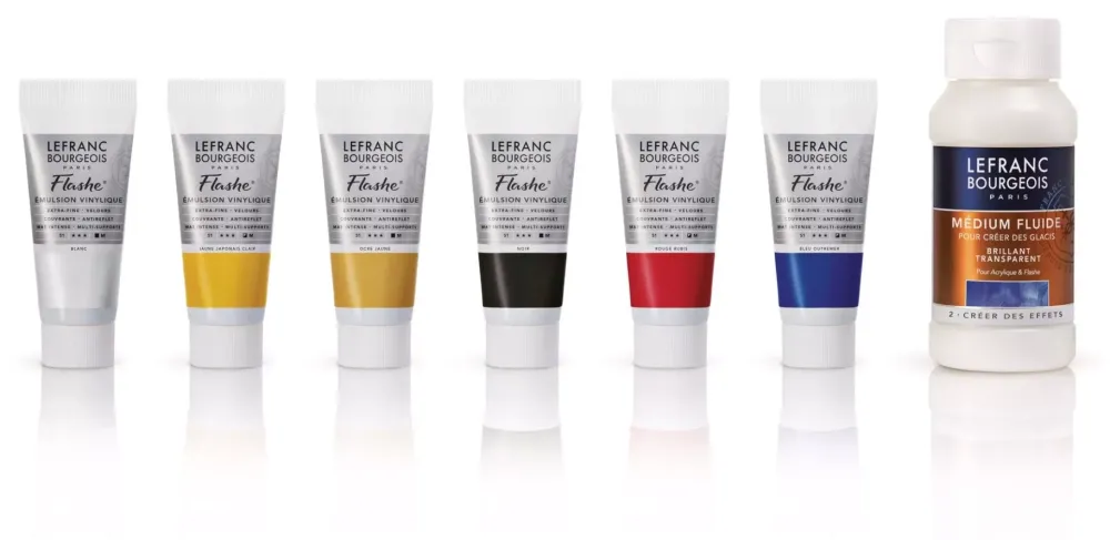 Hot Set Iniciación Flashe 6 Tubos Acrlilico + Barniz Lefranc & Bourgeois 20ml Pinturas Acrílicas