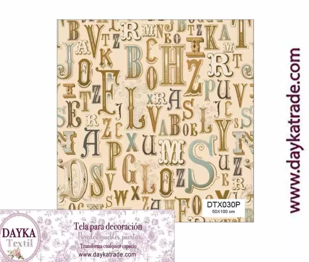Online Tela para Decoración #30 Abecedario / Letras vintage 50x100cm. Dayka Telas, Sedas Y Fieltro