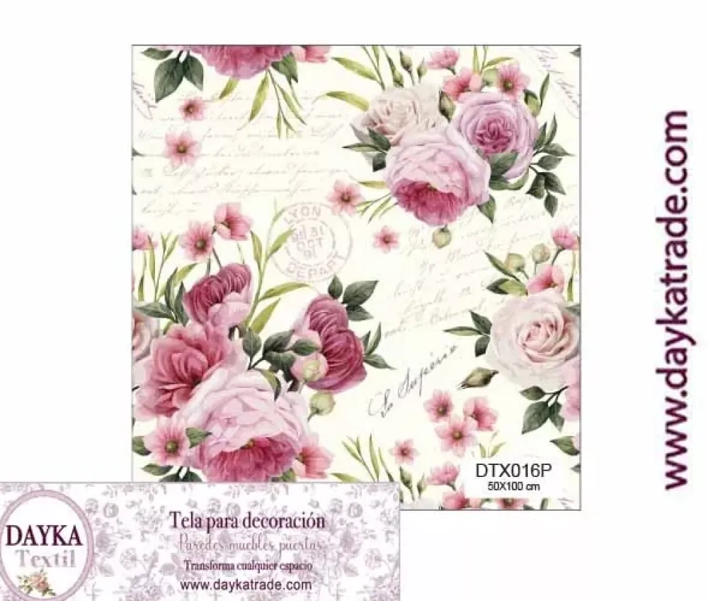Best Tela para Decoración #16 Flores rosas con escritos 50x100cm. Dayka Telas, Sedas Y Fieltro