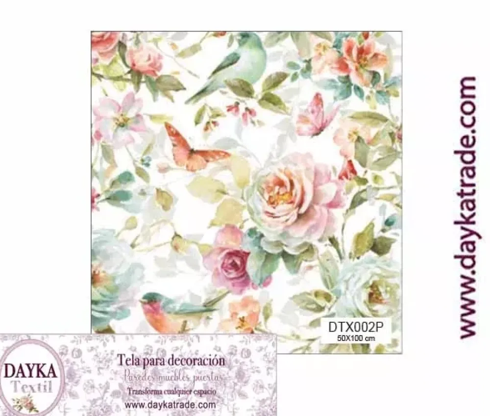 Tela para Decoración #02 Flores con pájaros 50x100cm. Dayka Telas, Sedas Y Fieltro