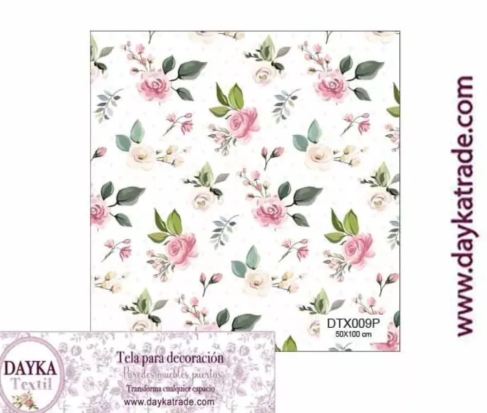 Tela para Decoración #09 Flores rosas con hojas verdes 50x100cm. Dayka Telas, Sedas Y Fieltro