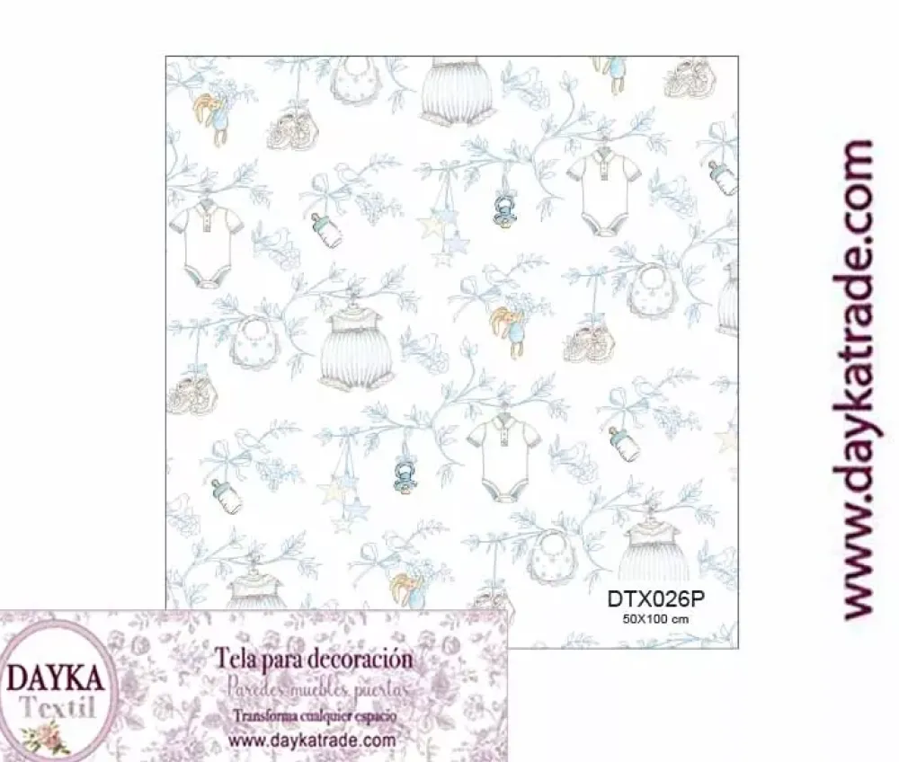 Clearance Tela para Decoración #26 Ropa de bebé y chupetes azul 50x100cm. Dayka Telas, Sedas Y Fieltro